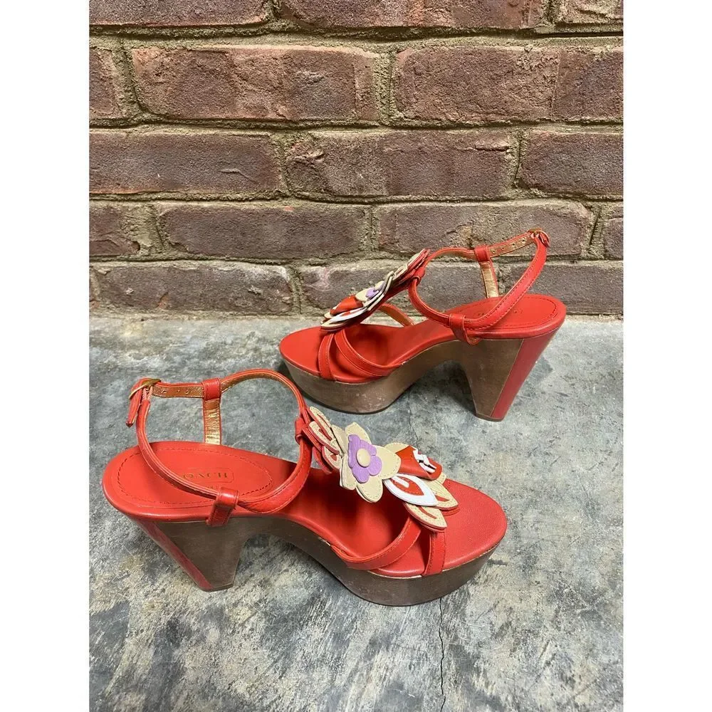 Coach Orange Flower Jeanna Calf Verm Multi Platform Heels Size 8 - Picture 6 of 10